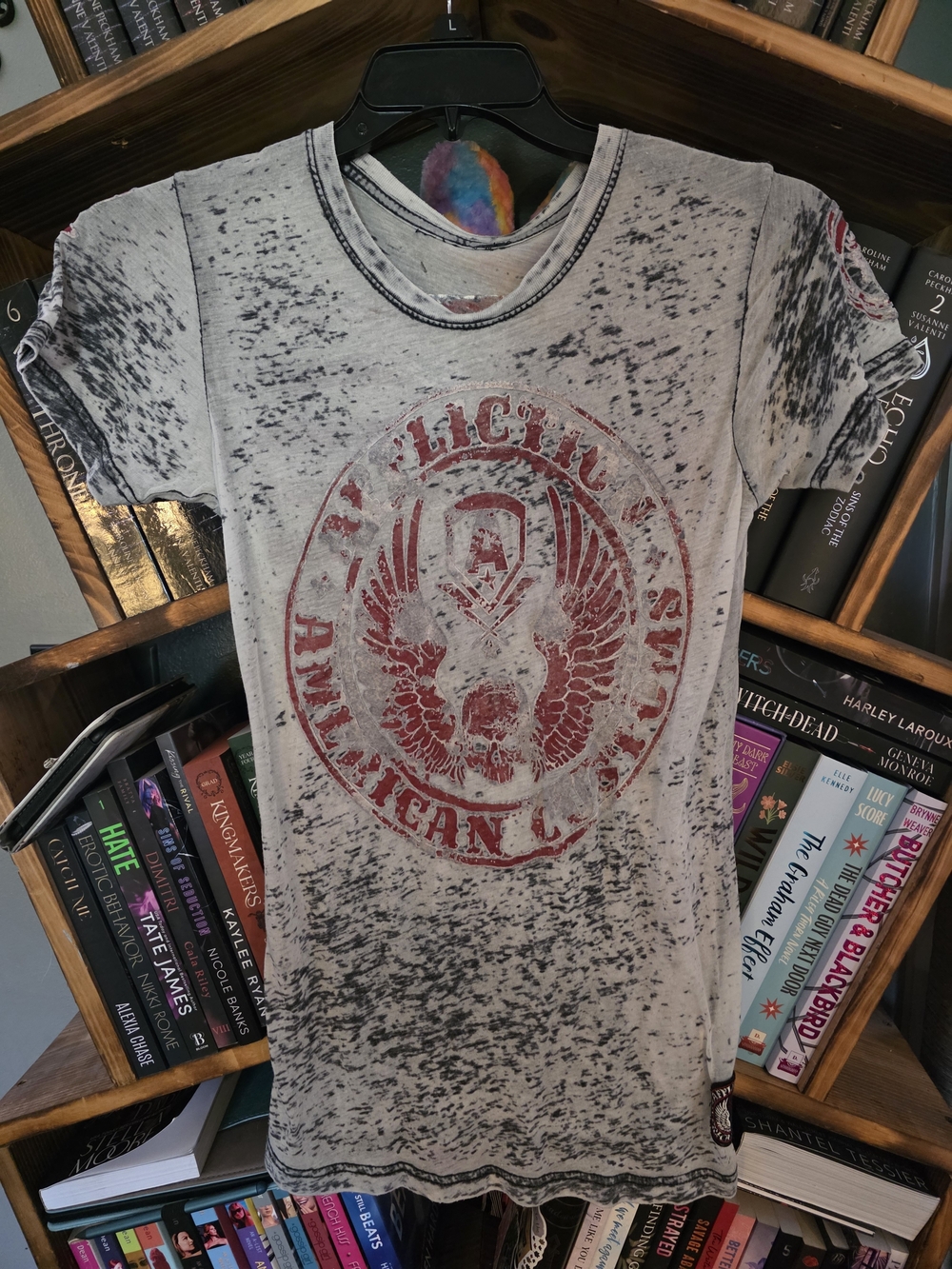 Affliction White Speckled Short Sleeve Tee with Red Graphic